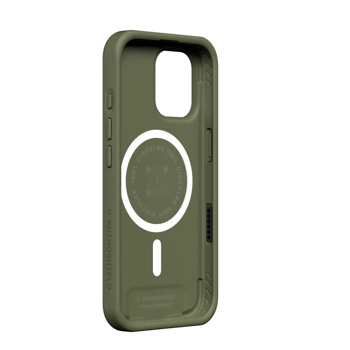 Coque de téléphone verte avec cercle MagSafe et logo Rhinosheild.