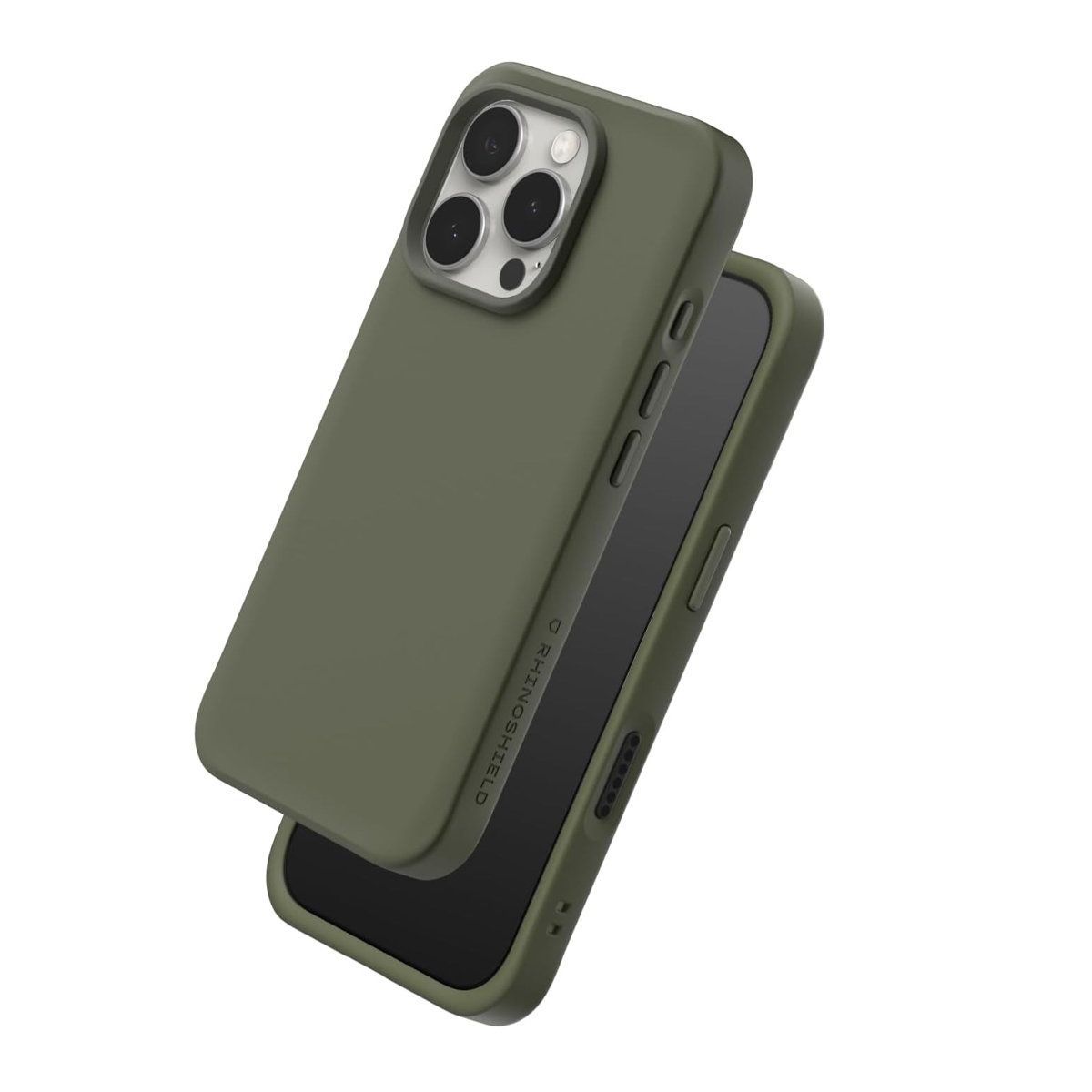 Une coque vert olive repose sur un téléphone sur fond blanc.