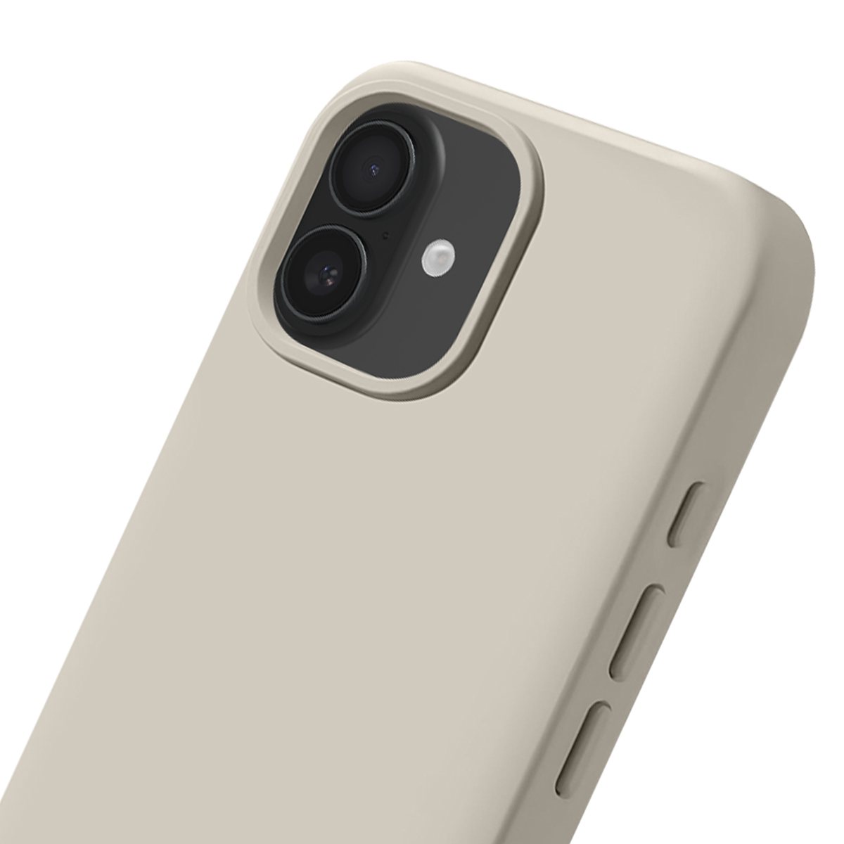 Achterkant van een lichtbeige telefoon met dubbele camera en flitser.
