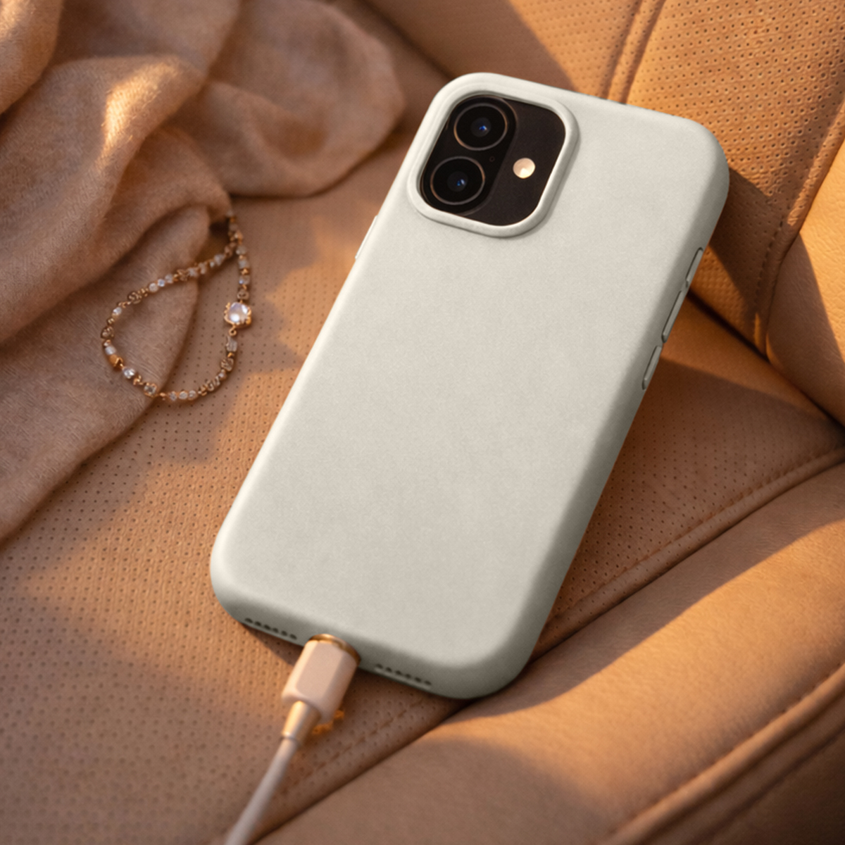 Een lichtbeige telefoon met oplaadkabel ligt naast een sjaal op een leren stoel.
