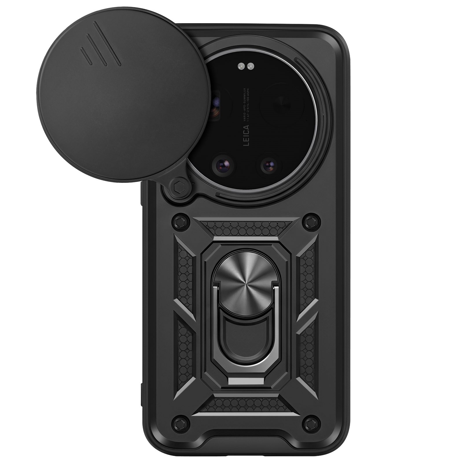 Coque de téléphone noire avec cache-objectif, support bague et coins renforcés.