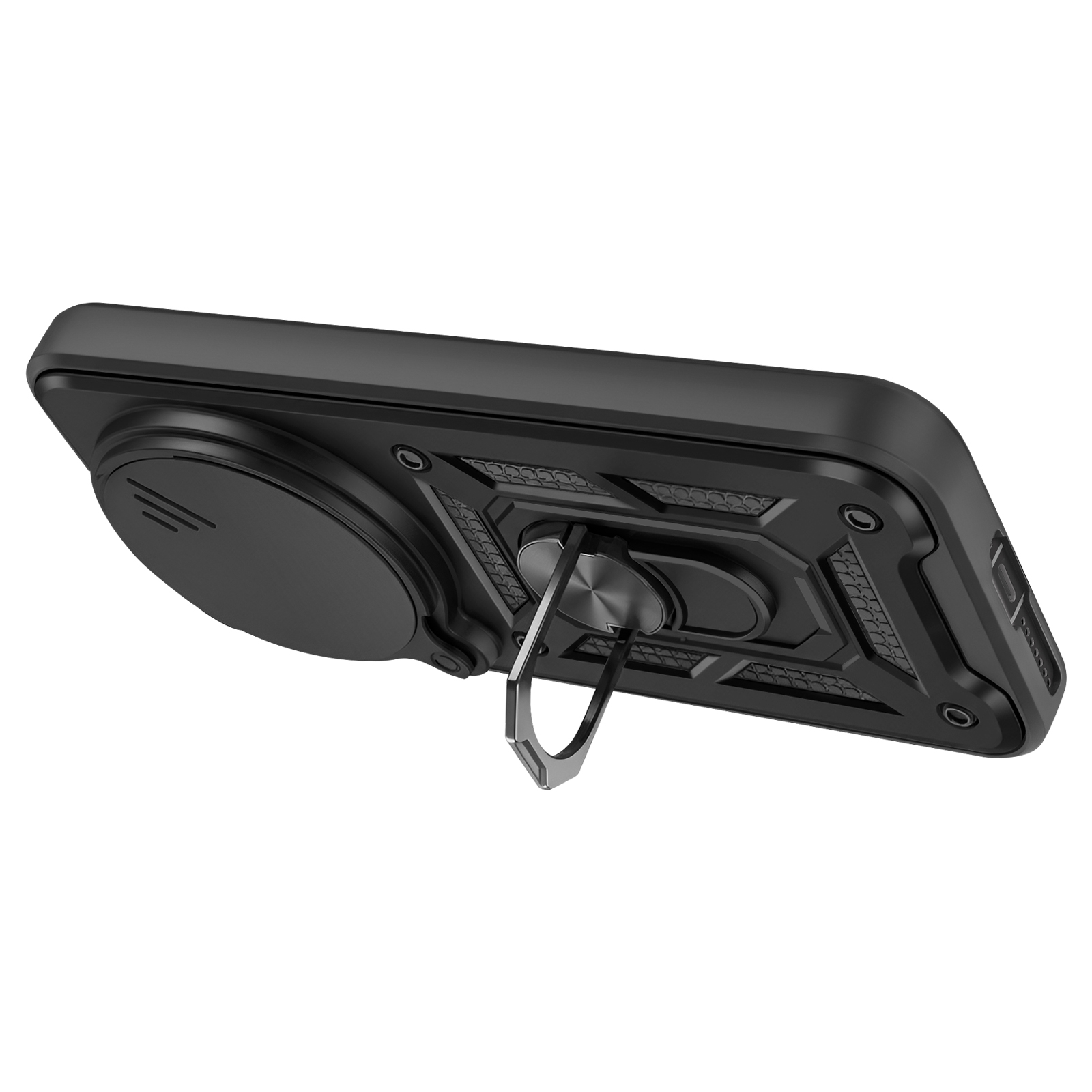 Coque de téléphone noire avec support anneau et fonction béquille.