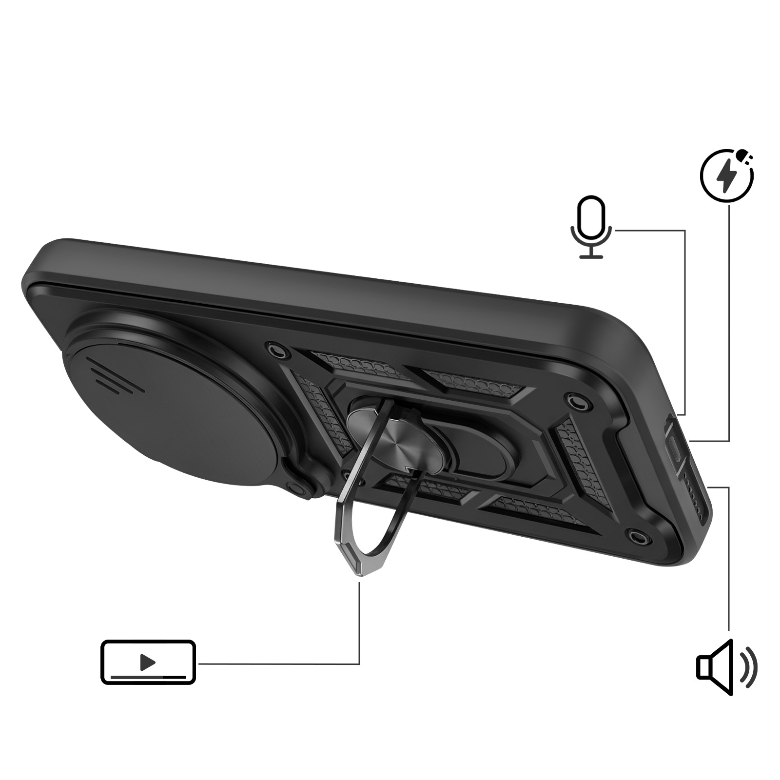Coque de téléphone noire avec support anneau, icônes micro, haut-parleur et charge.