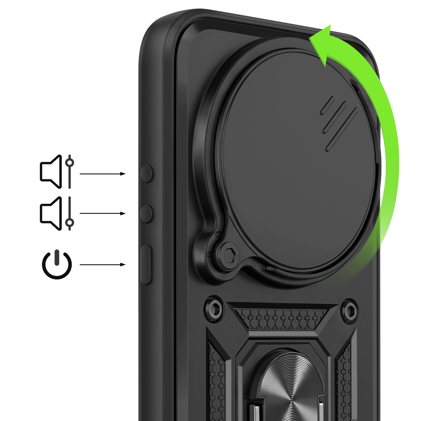 Coque de téléphone noire avec icônes volume, alimentation et flèche de rotation verte.