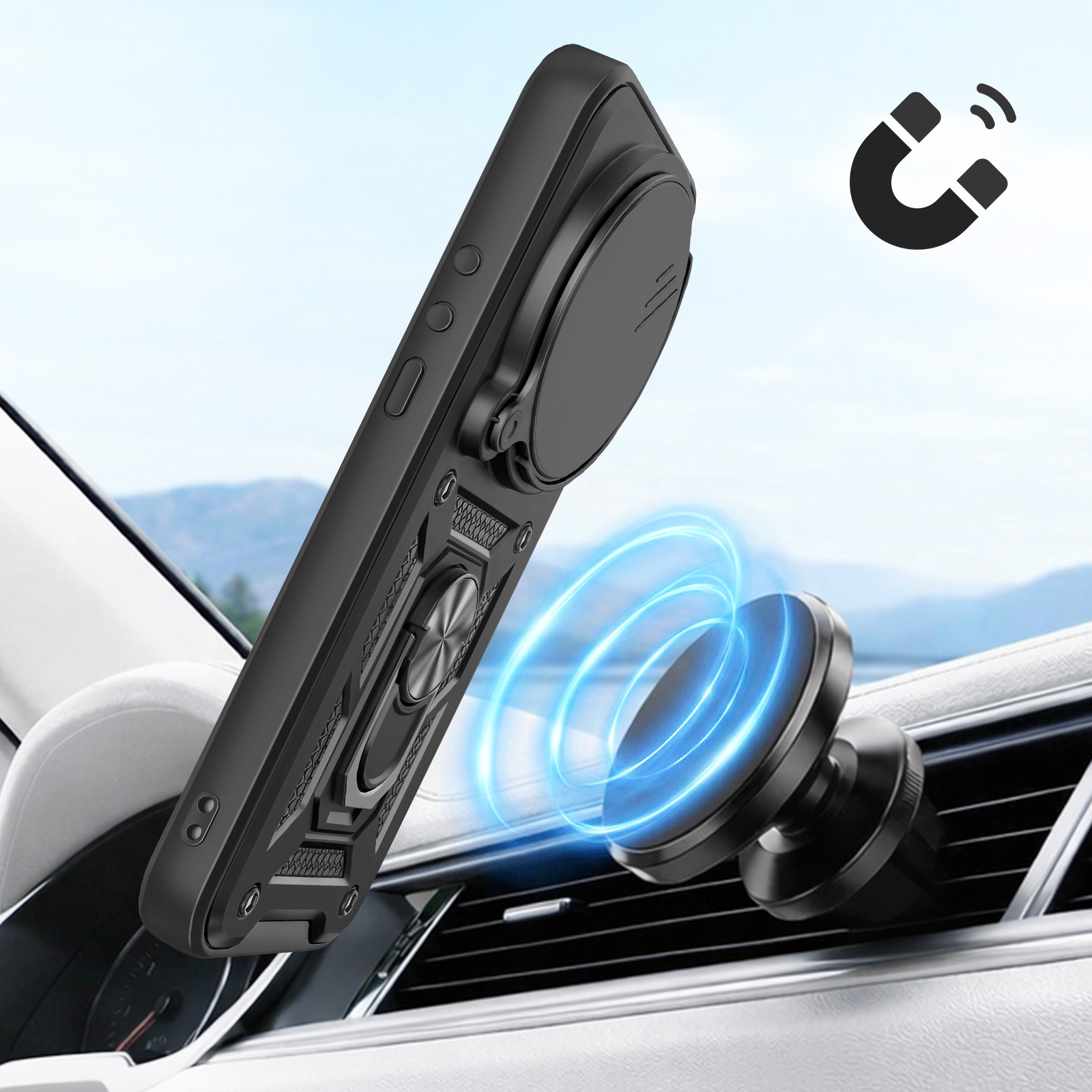 Coque de téléphone noire avec anneau sur aérateur de voiture. Support magnétique montré.