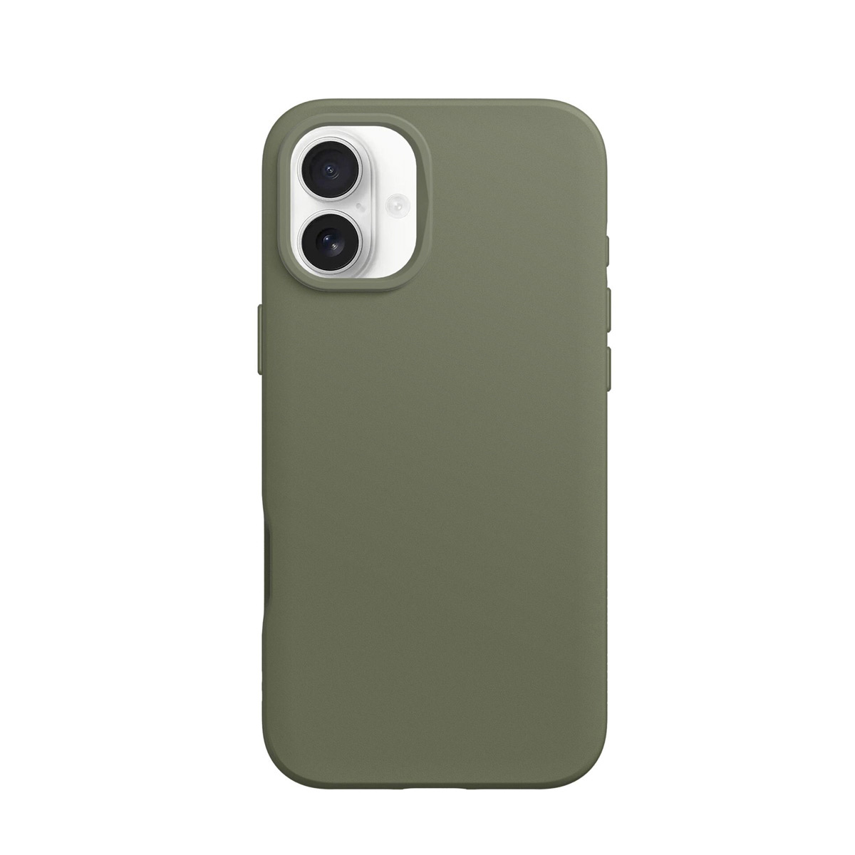 Coque de téléphone verte avec découpe double caméra, sur fond blanc.