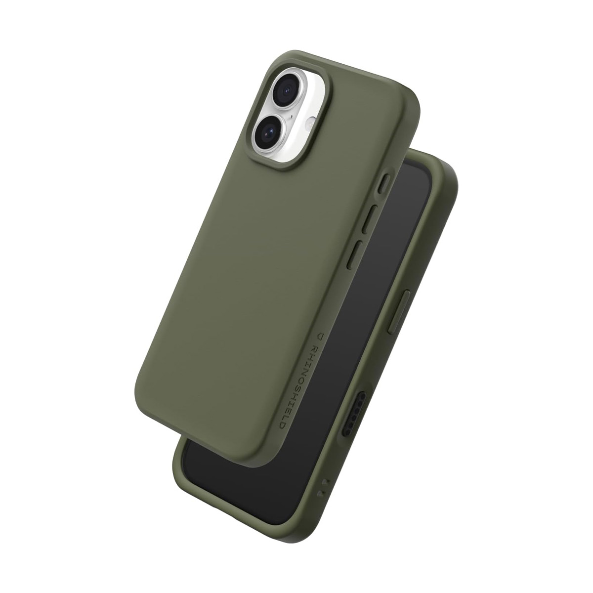Une coque de téléphone vert olive repose sur un smartphone.