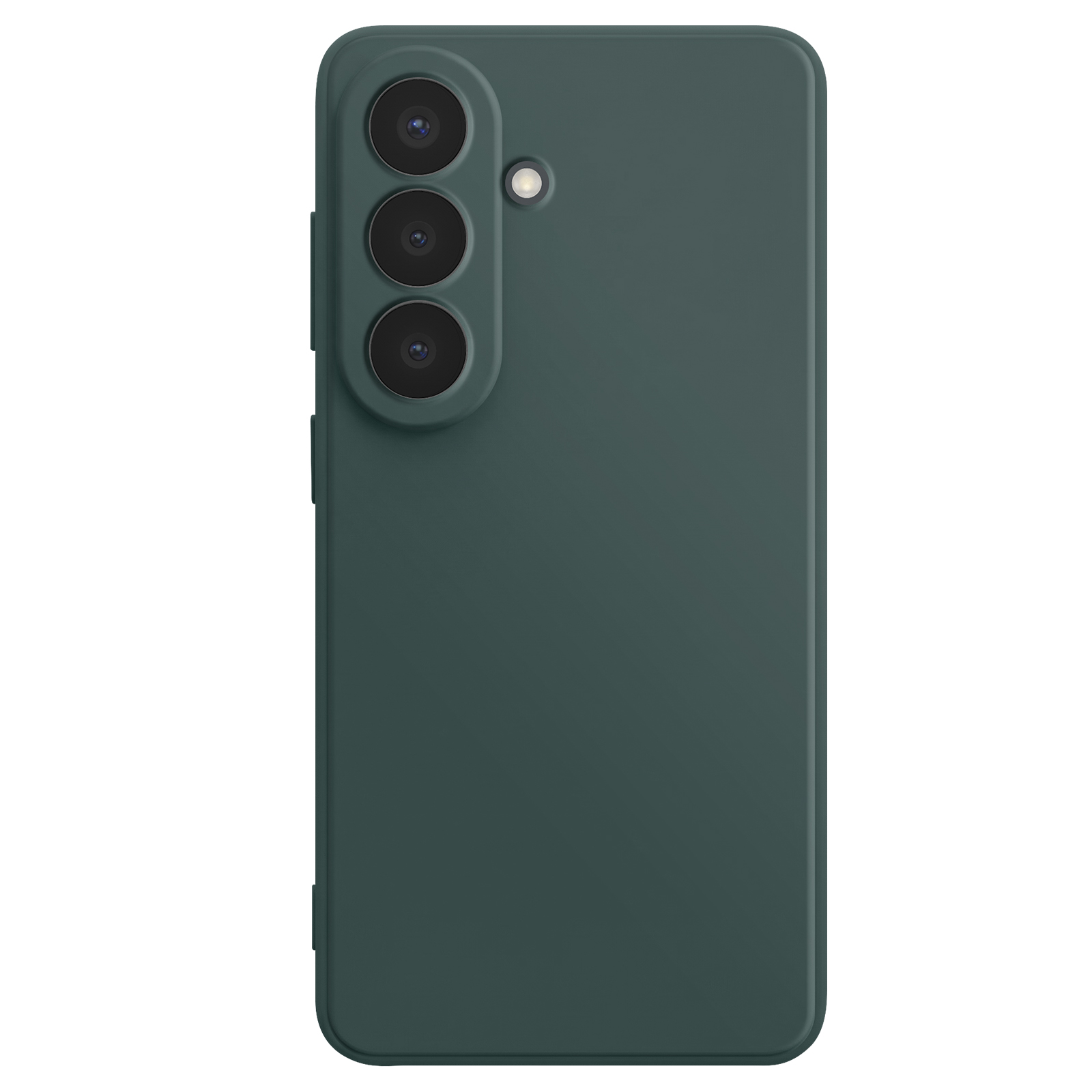 Achterkant van een donkergroene smartphone met drie cameralenzen en flitser.