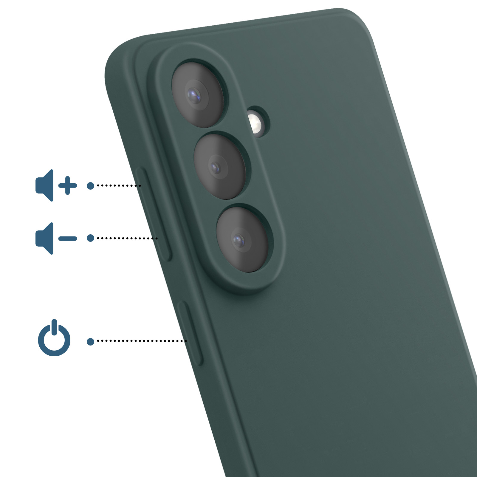 Donkergroene telefoonhoes met drie camera's en volume/aan-knoppen.