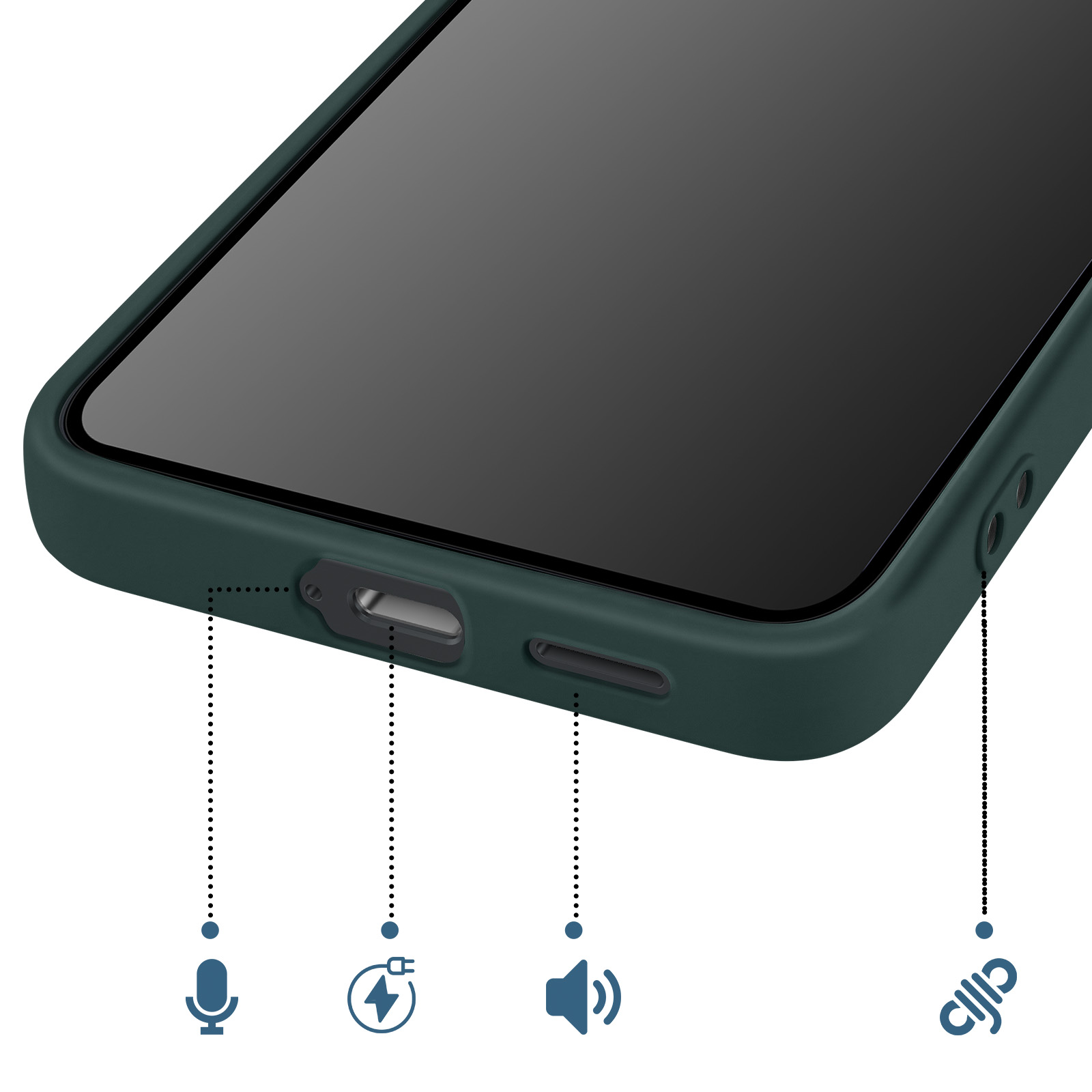 Donkergroene telefoonhoes met poorten: microfoon, oplaadpoort, luidspreker, simkaartlade.