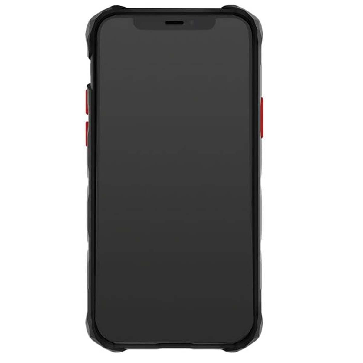 Schwarzes Smartphone in einer robusten Hülle mit roten Akzenten.