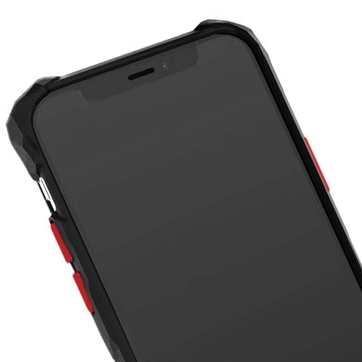 Schwarzes Smartphone mit rotem Akzent, Nahaufnahme, weiße Hintergrund.