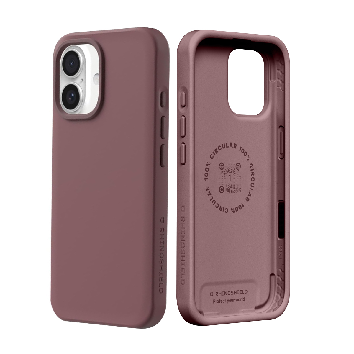 Dos fundas de teléfono malva, una con recorte de cámara, la otra abierta.