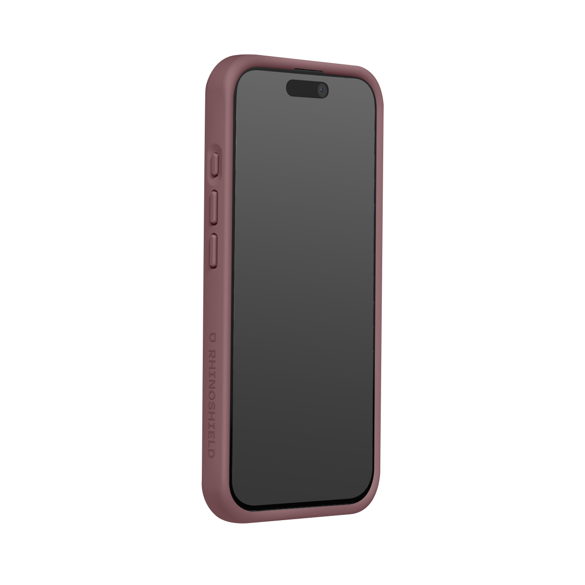 Una funda de iPhone malva con pantalla negra y botones laterales. Logotipo RHINOSHIELD visible.