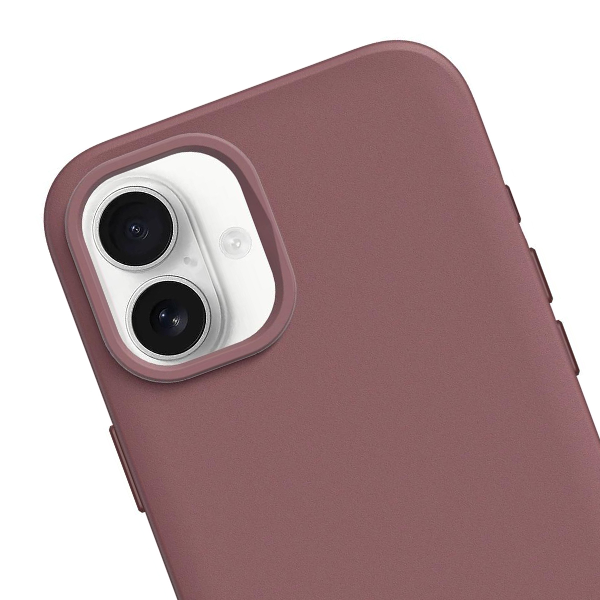 Primer plano de una funda de teléfono rosa empolvado mostrando lentes de doble cámara y flash.
