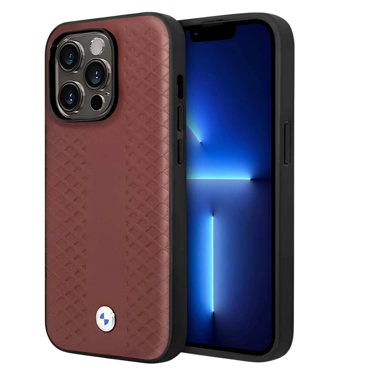 Custodia per telefono marrone con motivo a rombi e modulo fotocamera accanto a uno smartphone.