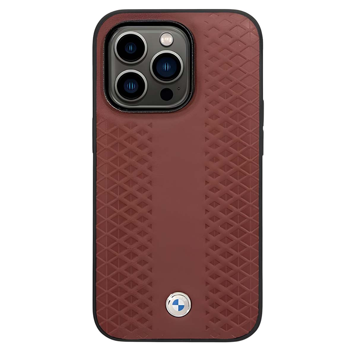 Custodia rossa per iPhone con motivo a rombi e logo BMW su sfondo bianco.