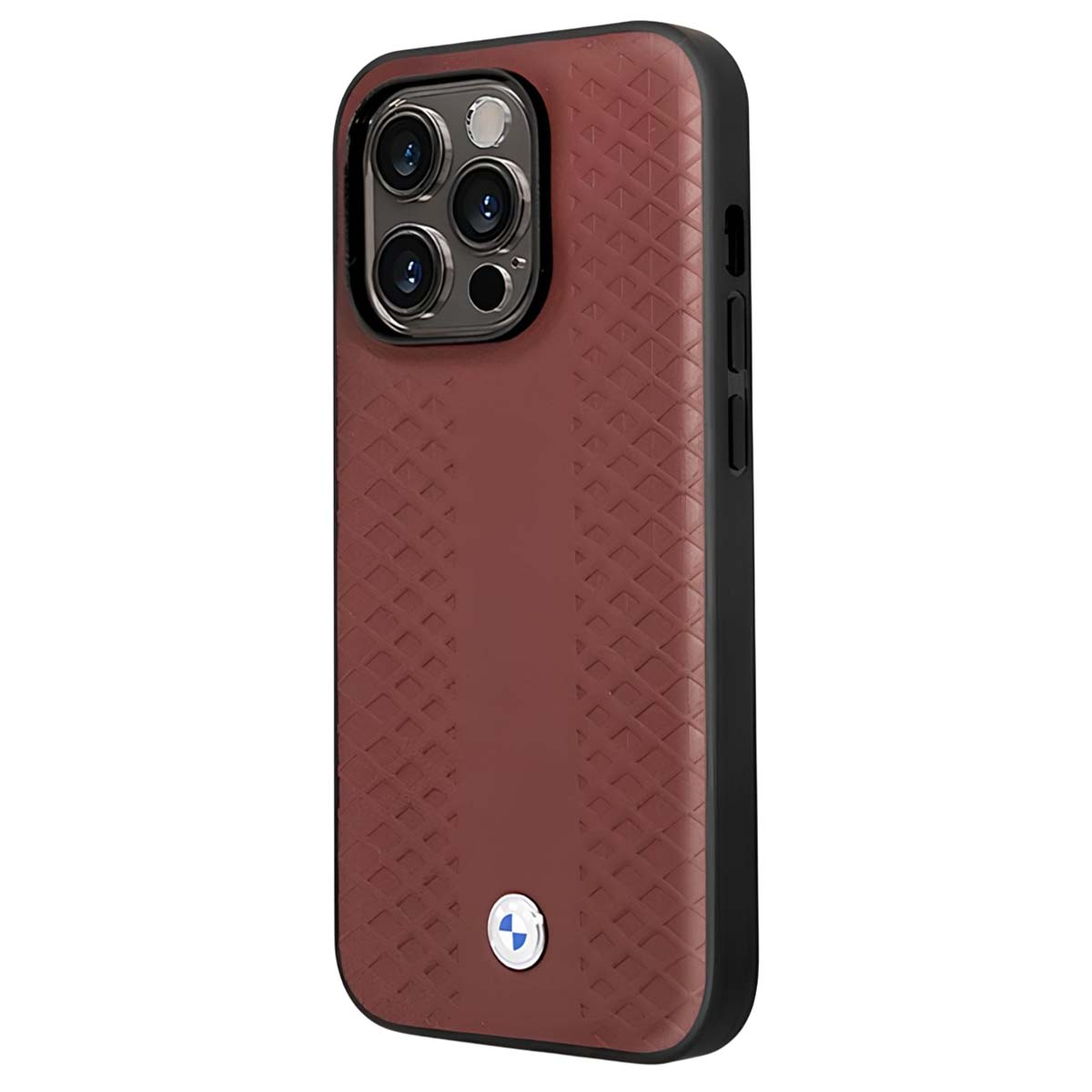 Custodia marrone per telefono con motivo a rombi e apertura fotocamera.