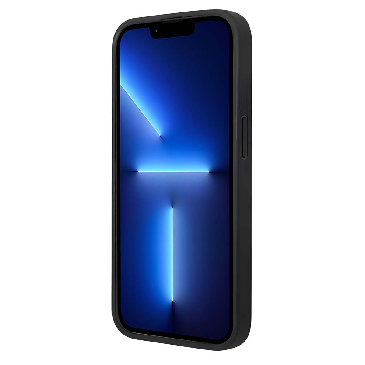 Un iPhone nero con sfondo blu, in orientamento verticale.