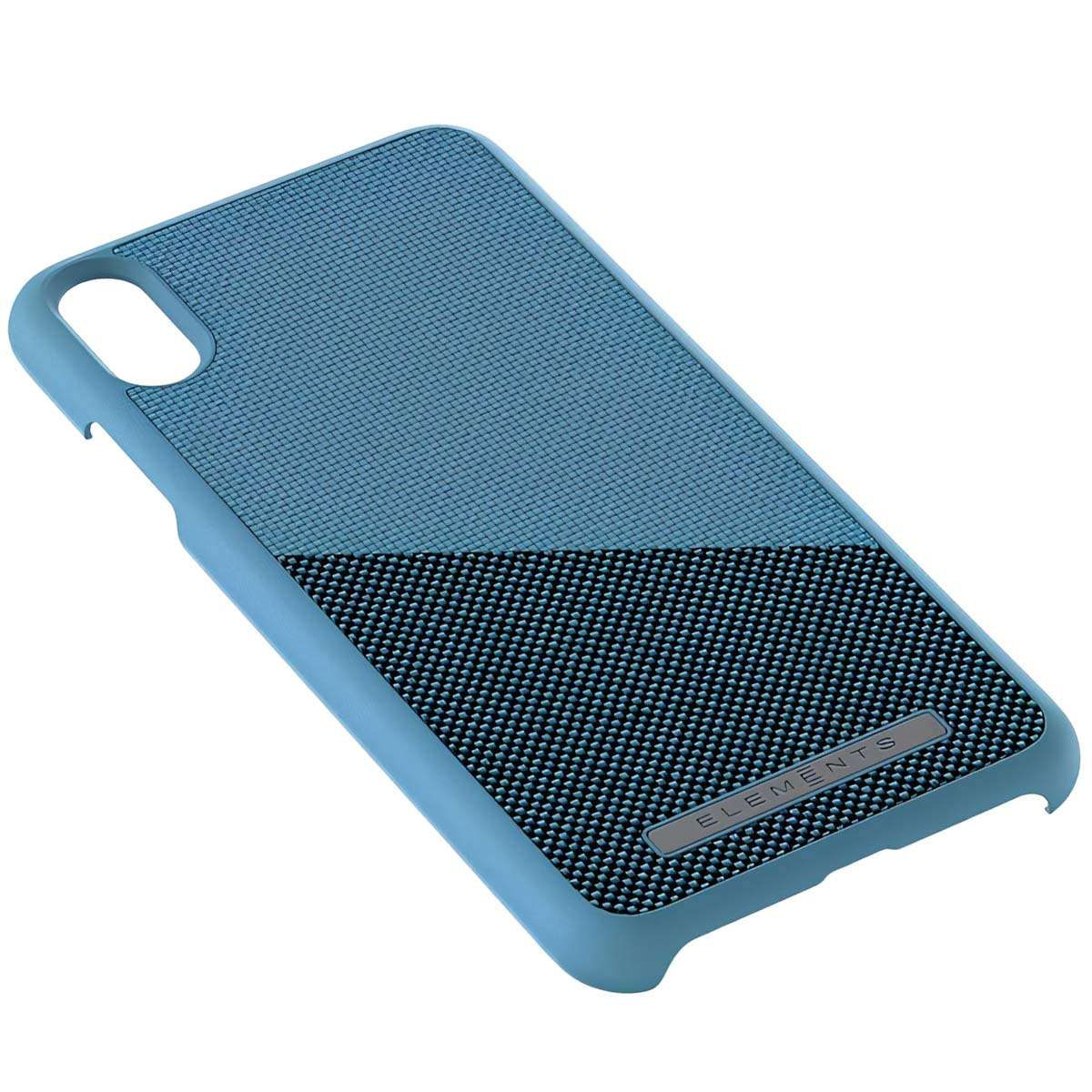 Custodia blu per telefono con motivo bicolore e logo.