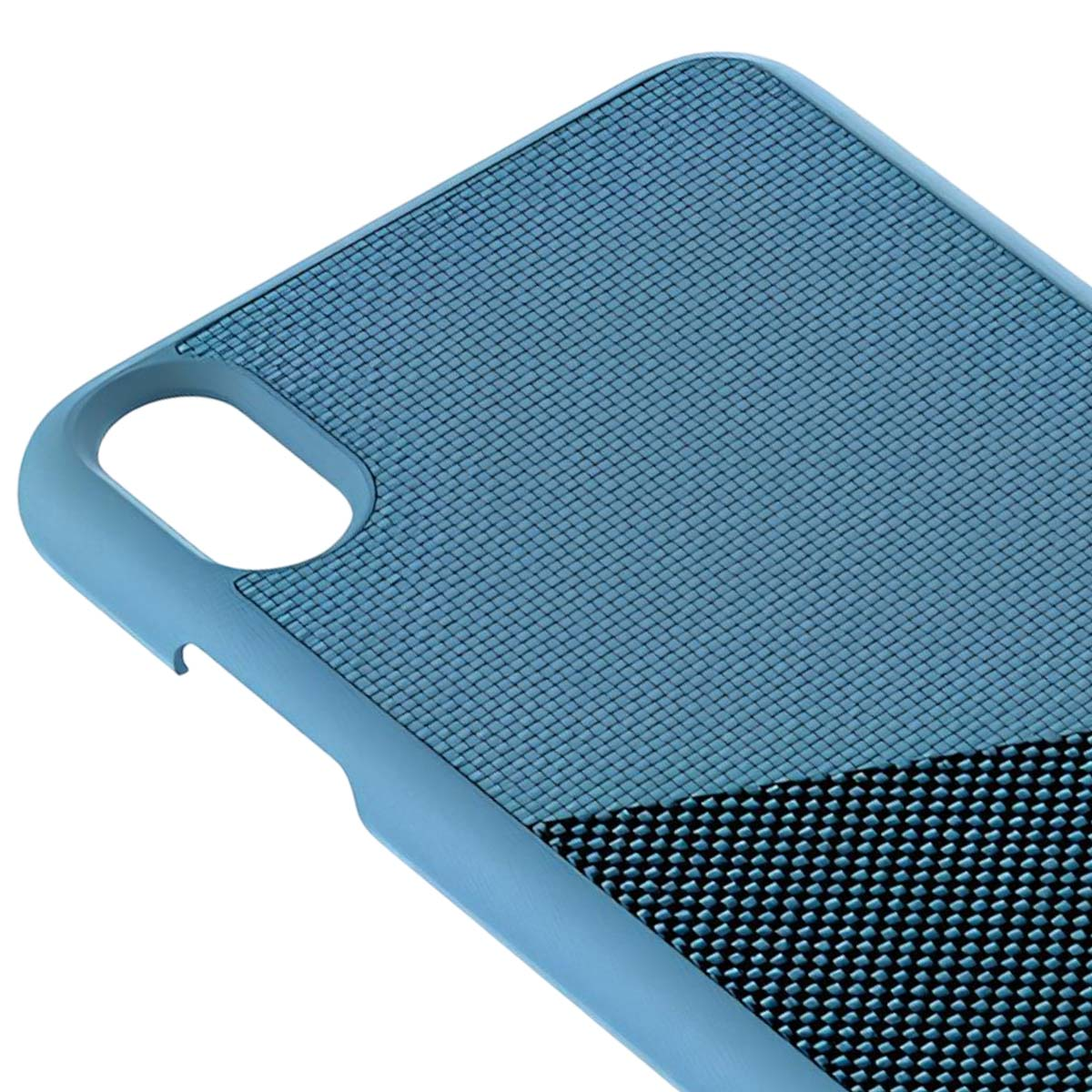 Custodia blu per telefono con motivo a griglia e ritaglio fotocamera.