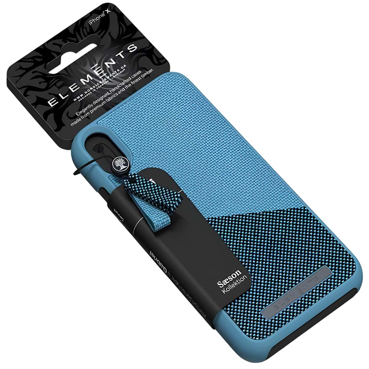 Custodia blu per iPhone X con texture e cinturino nero.