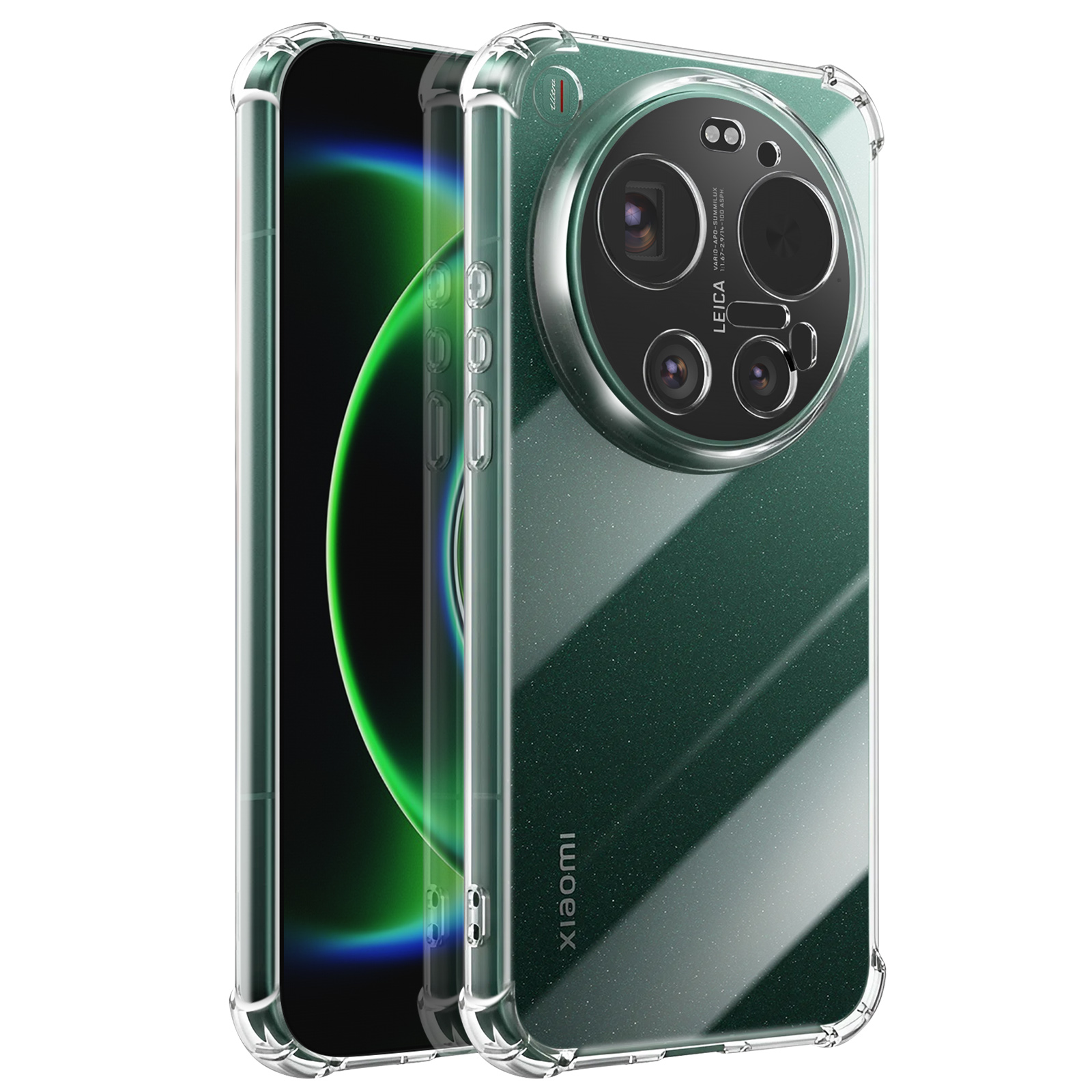 Custodia trasparente glitterata su un telefono verde con fotocamera Leica.