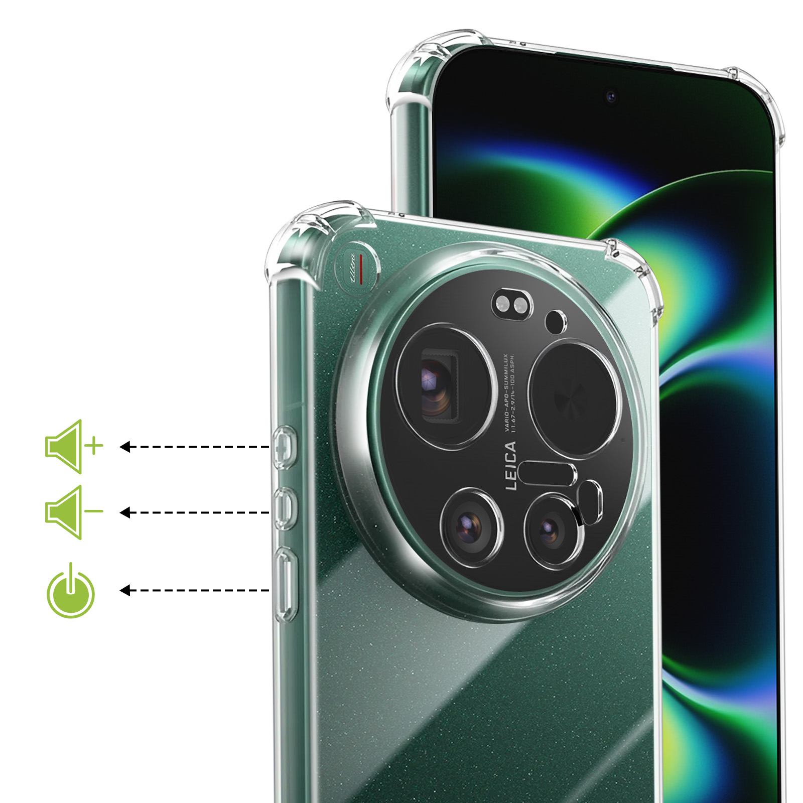 Una custodia trasparente per telefono mostra una fotocamera, icone di volume e accensione.