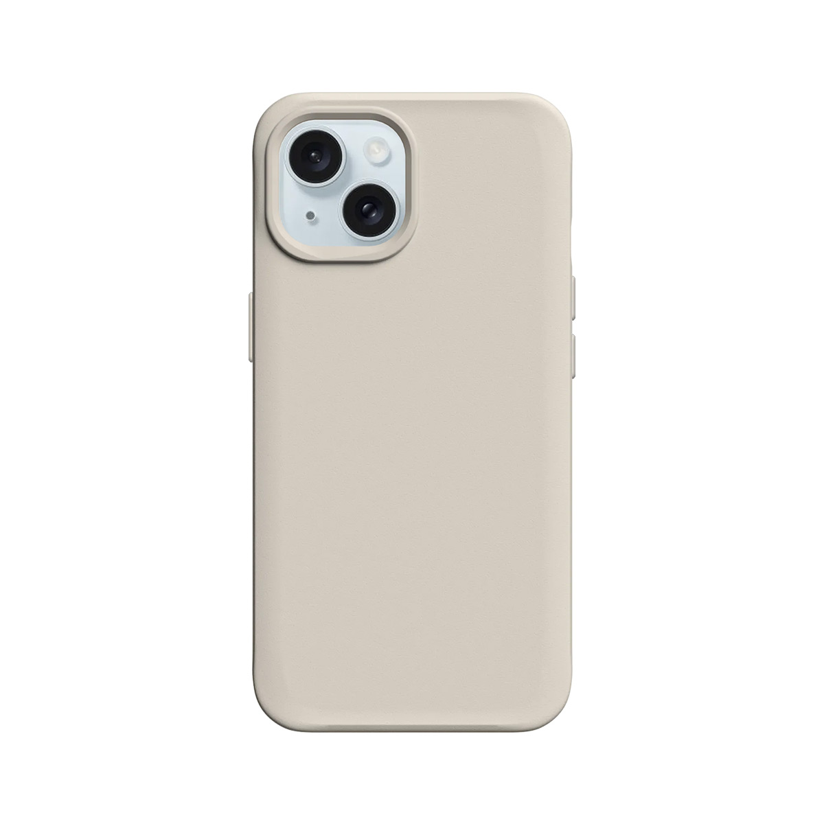 Une coque de téléphone beige clair avec deux objectifs photo à l'arrière, sur fond blanc.