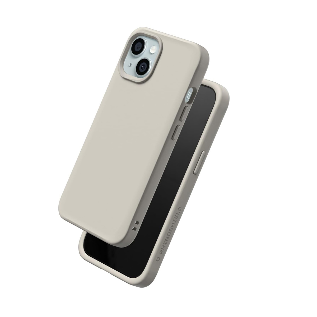 Une coque de téléphone de couleur neutre avec deux caméras repose sur un iPhone.