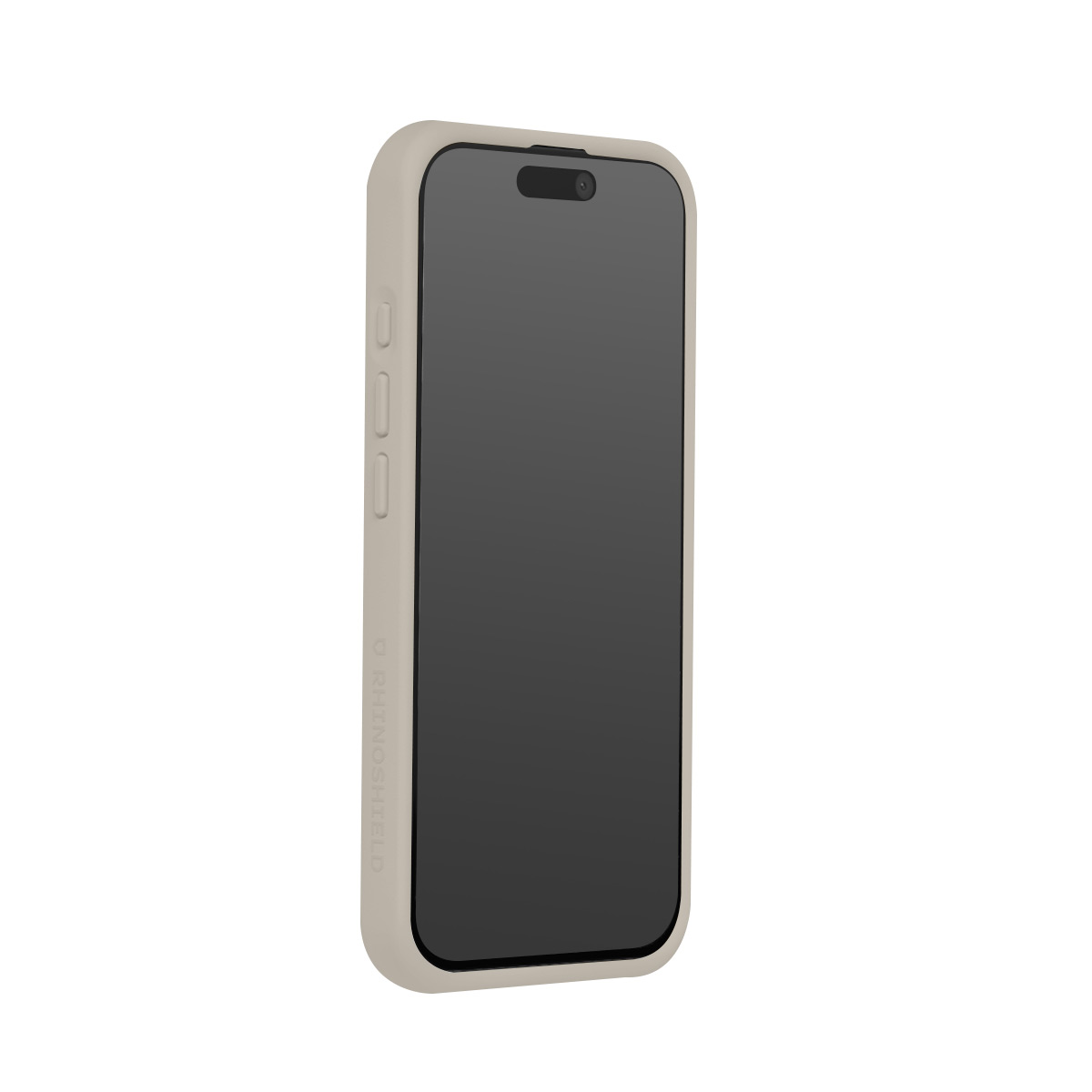 Un téléphone gris clair avec écran sombre et étui. Nom de marque visible.