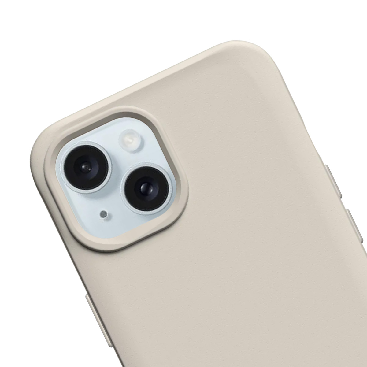 Une coque de téléphone beige clair avec un module double caméra.