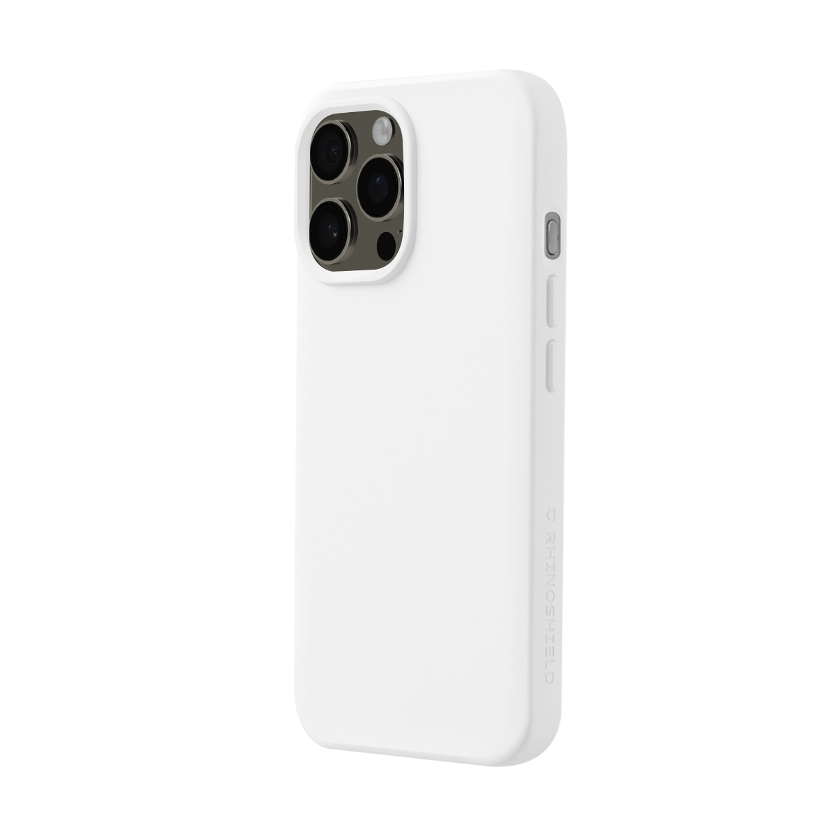Une coque blanche pour iPhone avec découpe caméra est présentée sur fond blanc.
