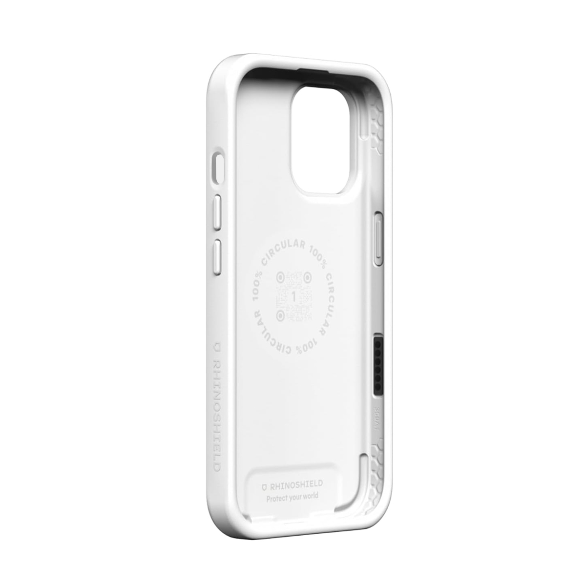 Coque de téléphone blanche avec texte circulaire 100% et logo.