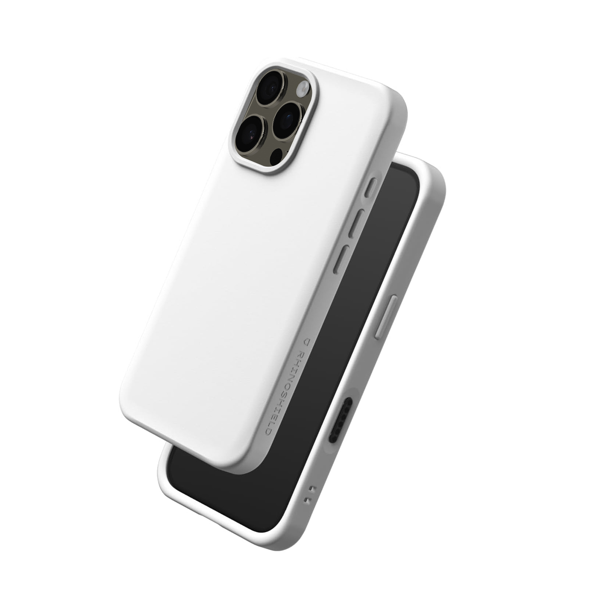 Un téléphone blanc avec trois caméras et un étui blanc.
