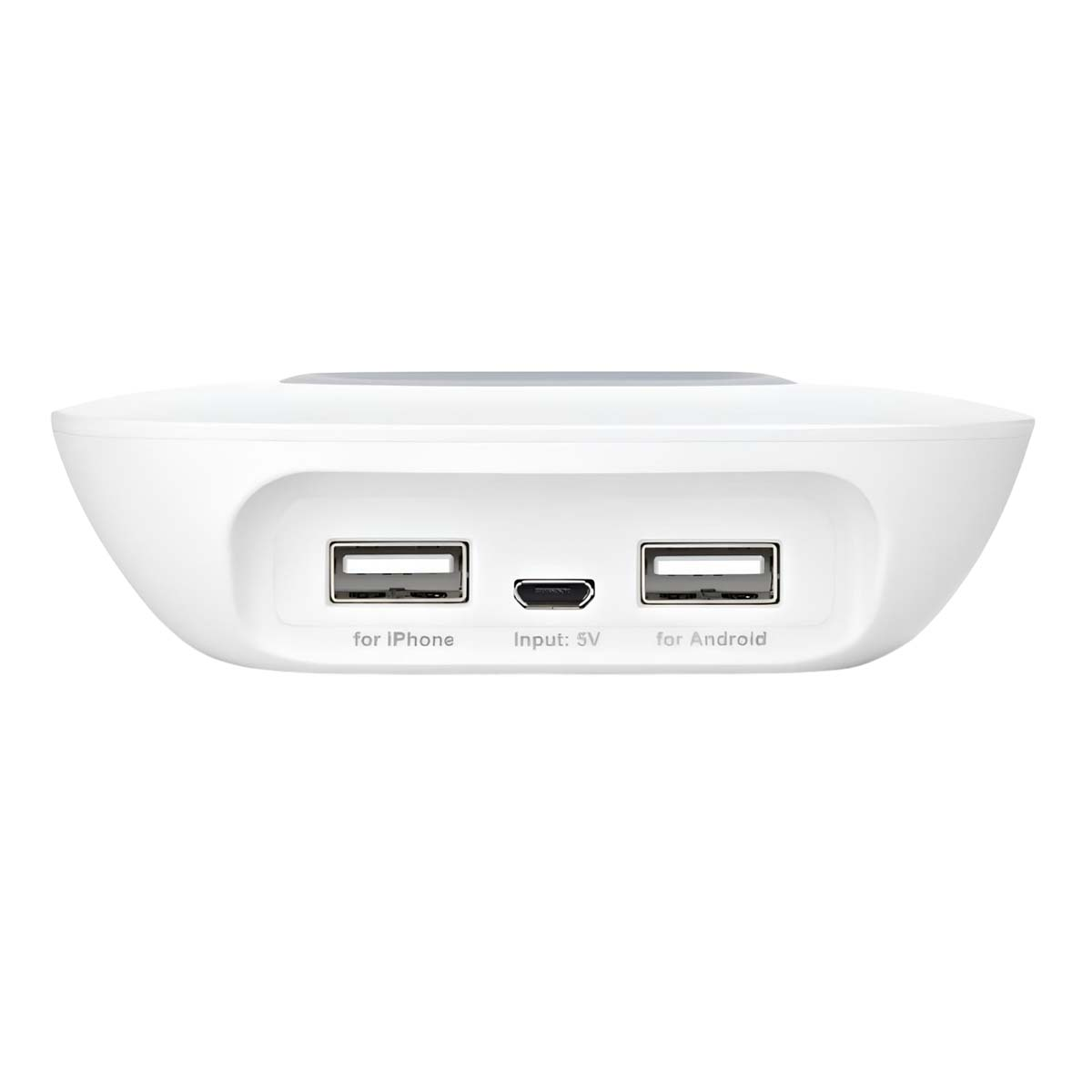 Ein weißes Ladegerät mit Anschlüssen für iPhone, Android und Eingangsspannung.