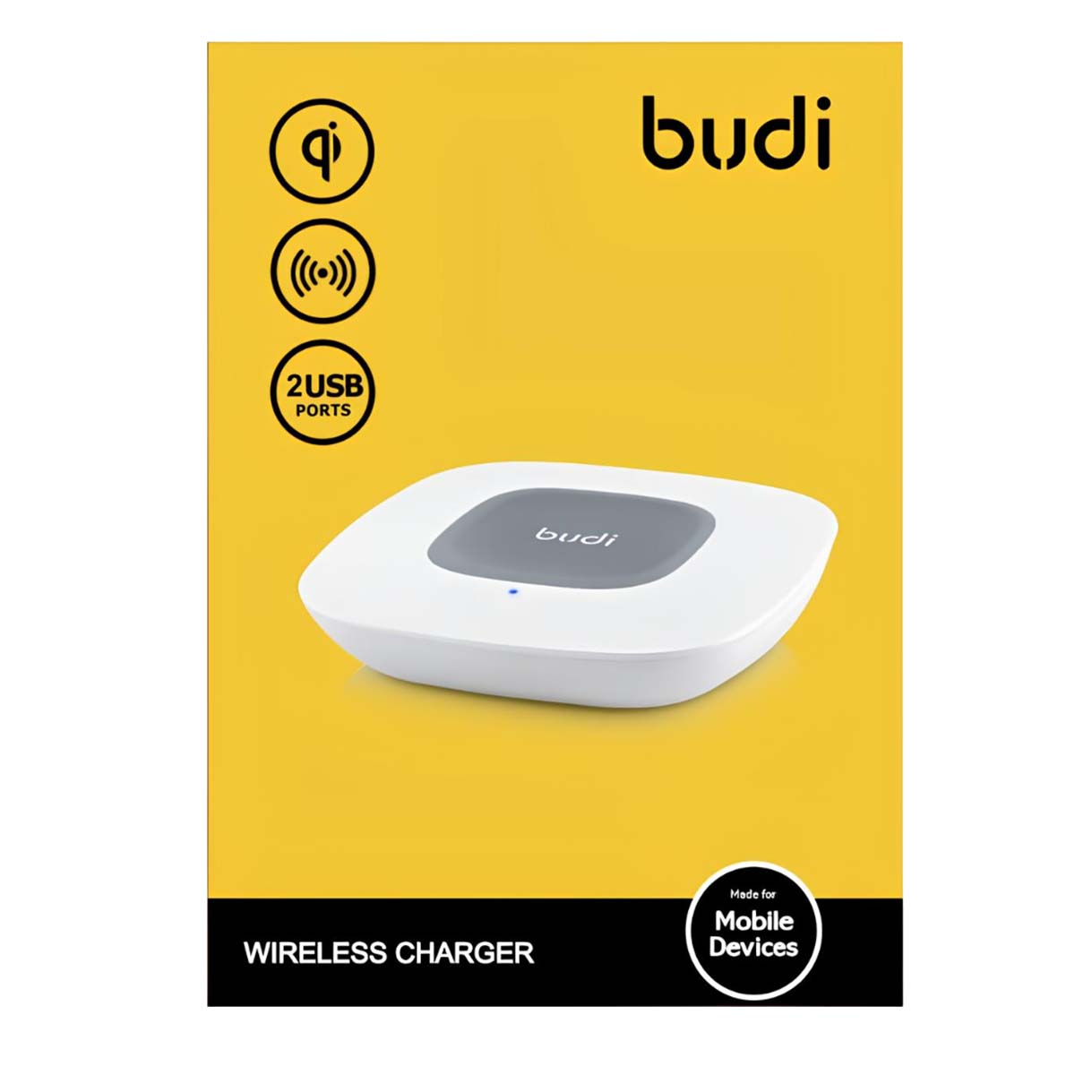 Weier Budi Qi-zertifizierter Wireless Charger mit 2 USB-Anschlssen auf gelbem Hintergrund.