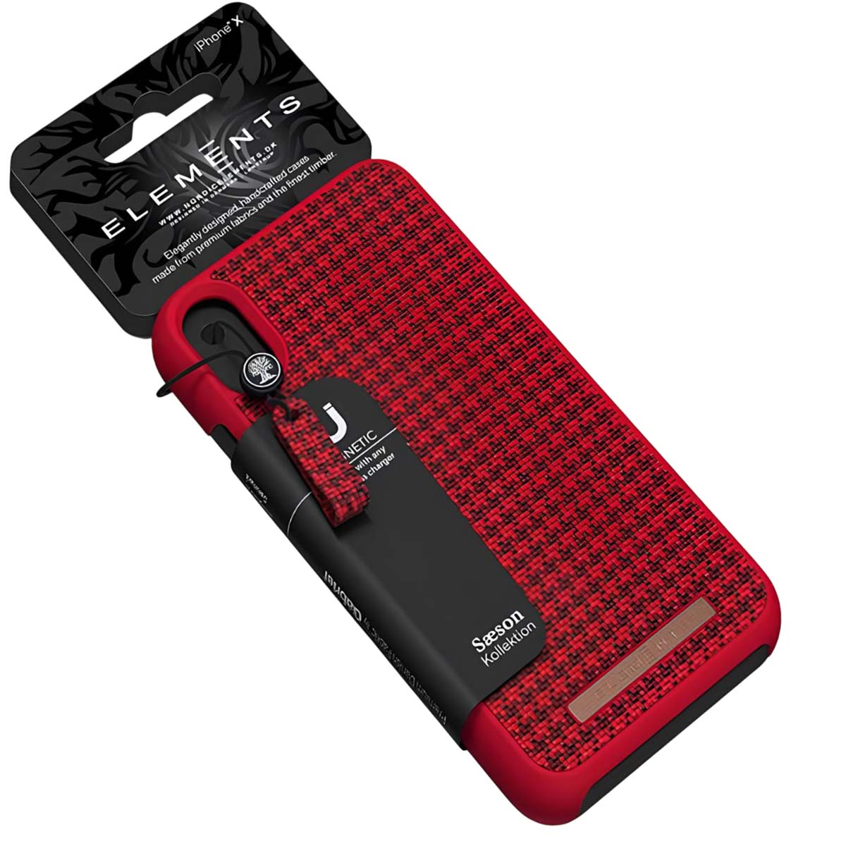 Custodia iPhone X rossa e nera con etichetta e laccio nero.