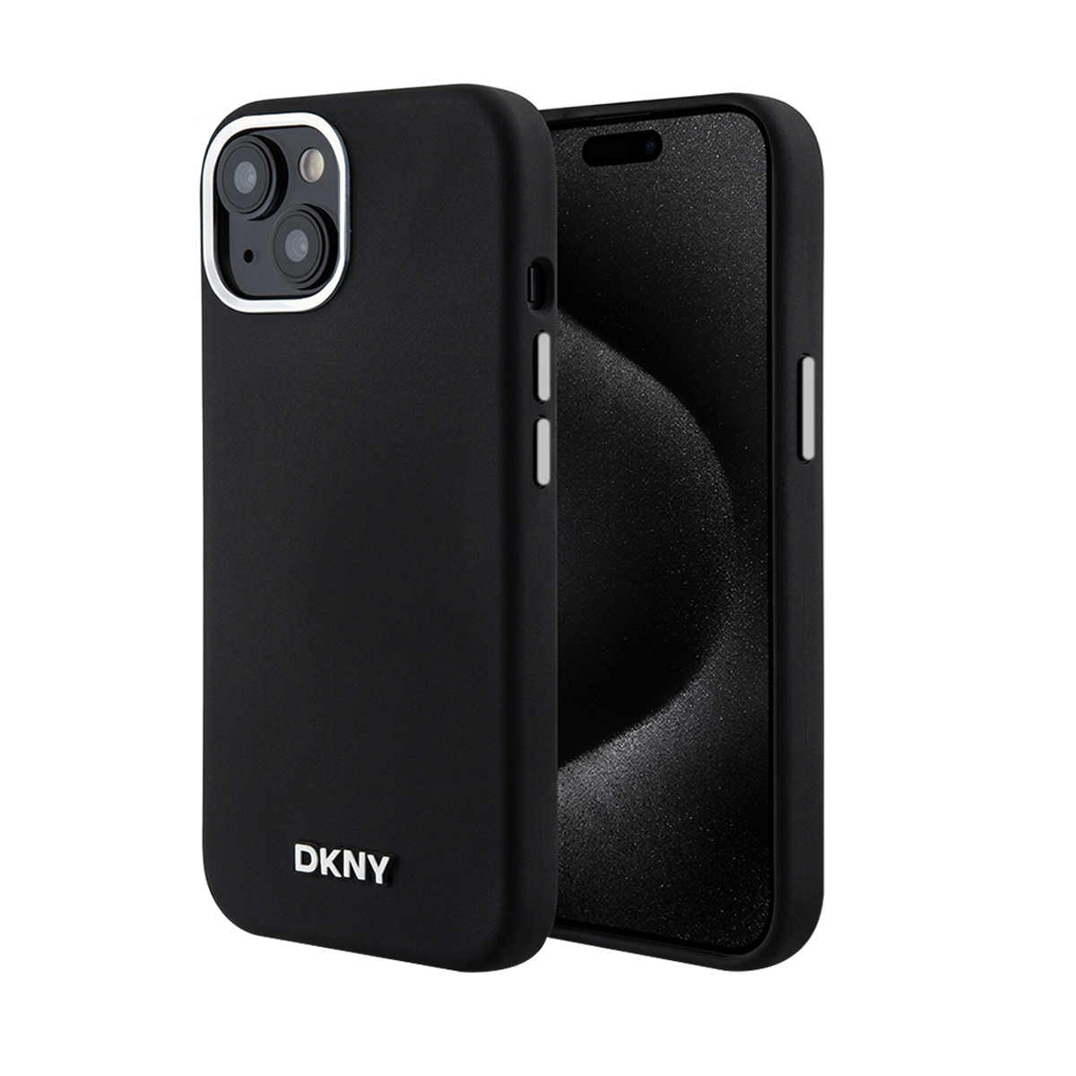 Cover nera per telefono con logo DKNY e lenti fotocamera, accanto a un telefono con scocca nera.