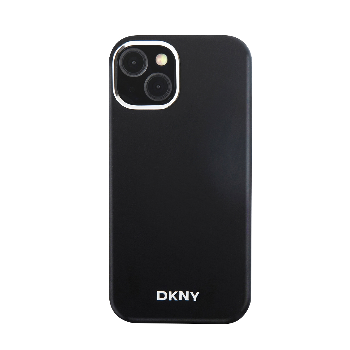 Cover nera per telefono con tre fotocamere e logo DKNY.