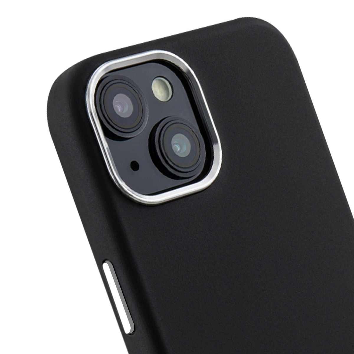 Cover nera per telefono con cornice fotocamera argento e due lenti.