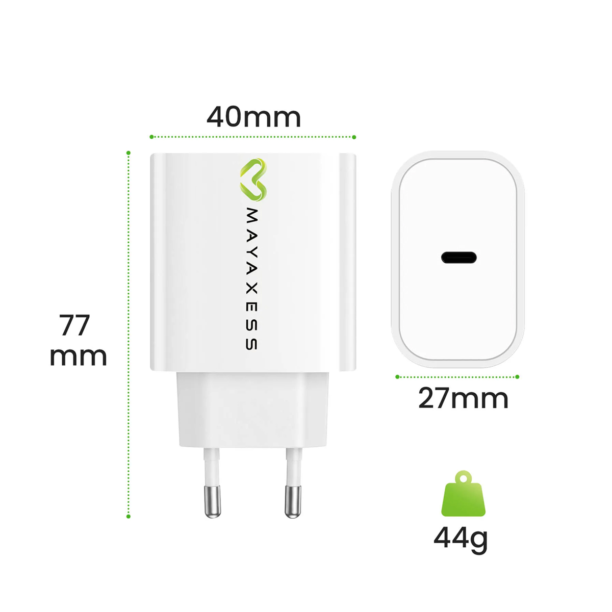 Weißes MAYAXESS Ladegerät: 77mm x 40mm x 27mm, 44g. Inkl. Stecker und USB-Anschluss.