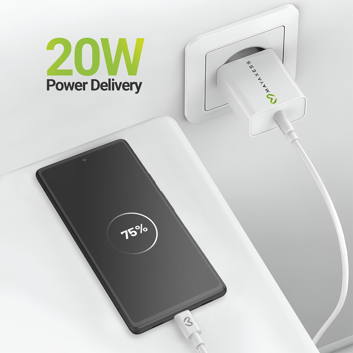 Un adattatore da 20W carica un telefono al 75%.