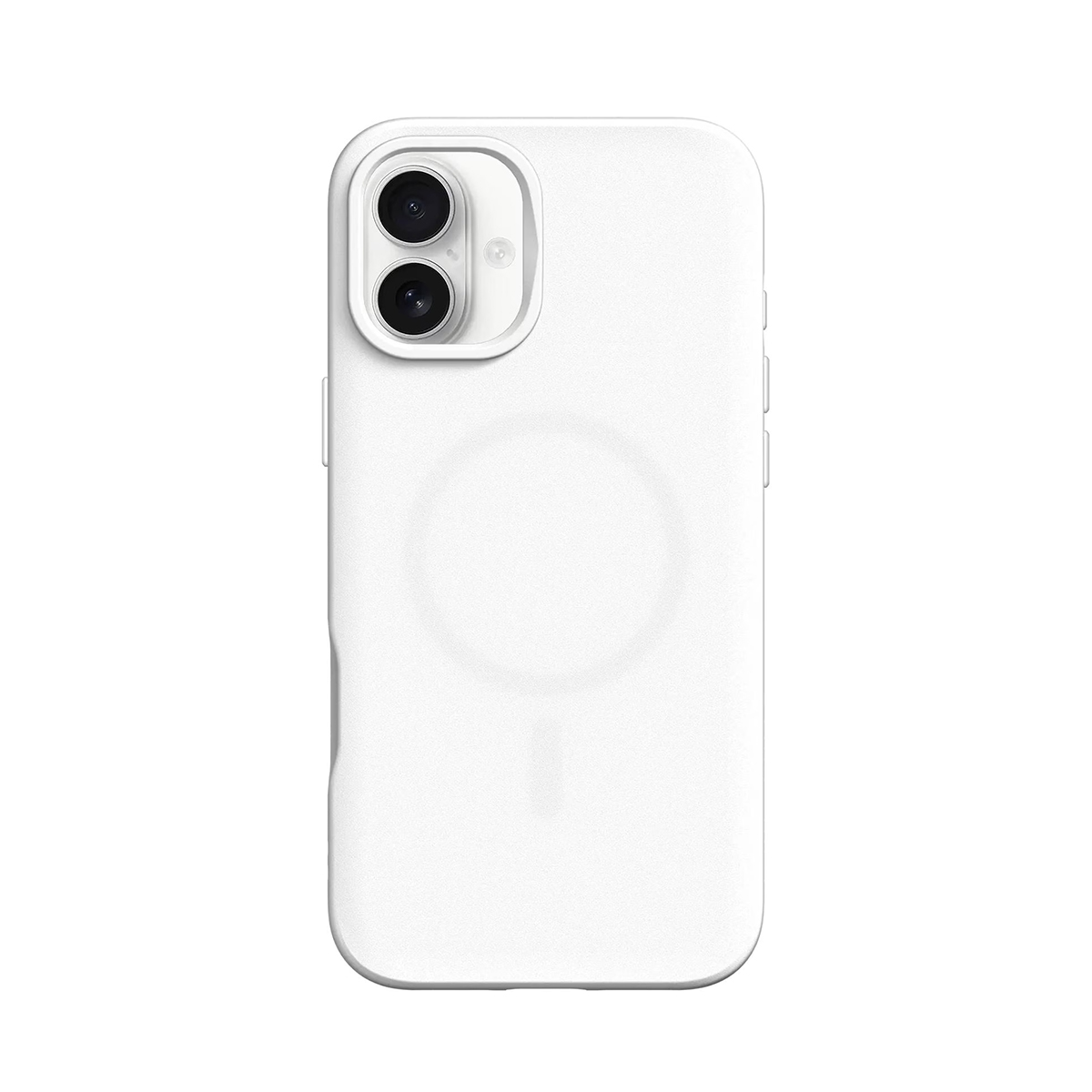 Una funda blanca para iPhone con cámara dual y emblema circular.