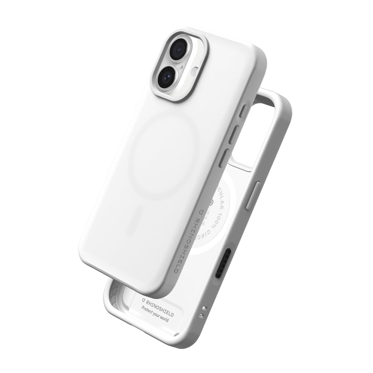 Dos fundas de teléfono blancas, una encima de la otra, sobre fondo blanco.
