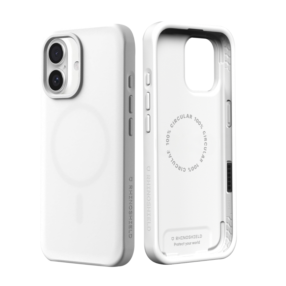 Dos fundas blancas de iPhone una al lado de la otra, mostrando frontal y trasera.