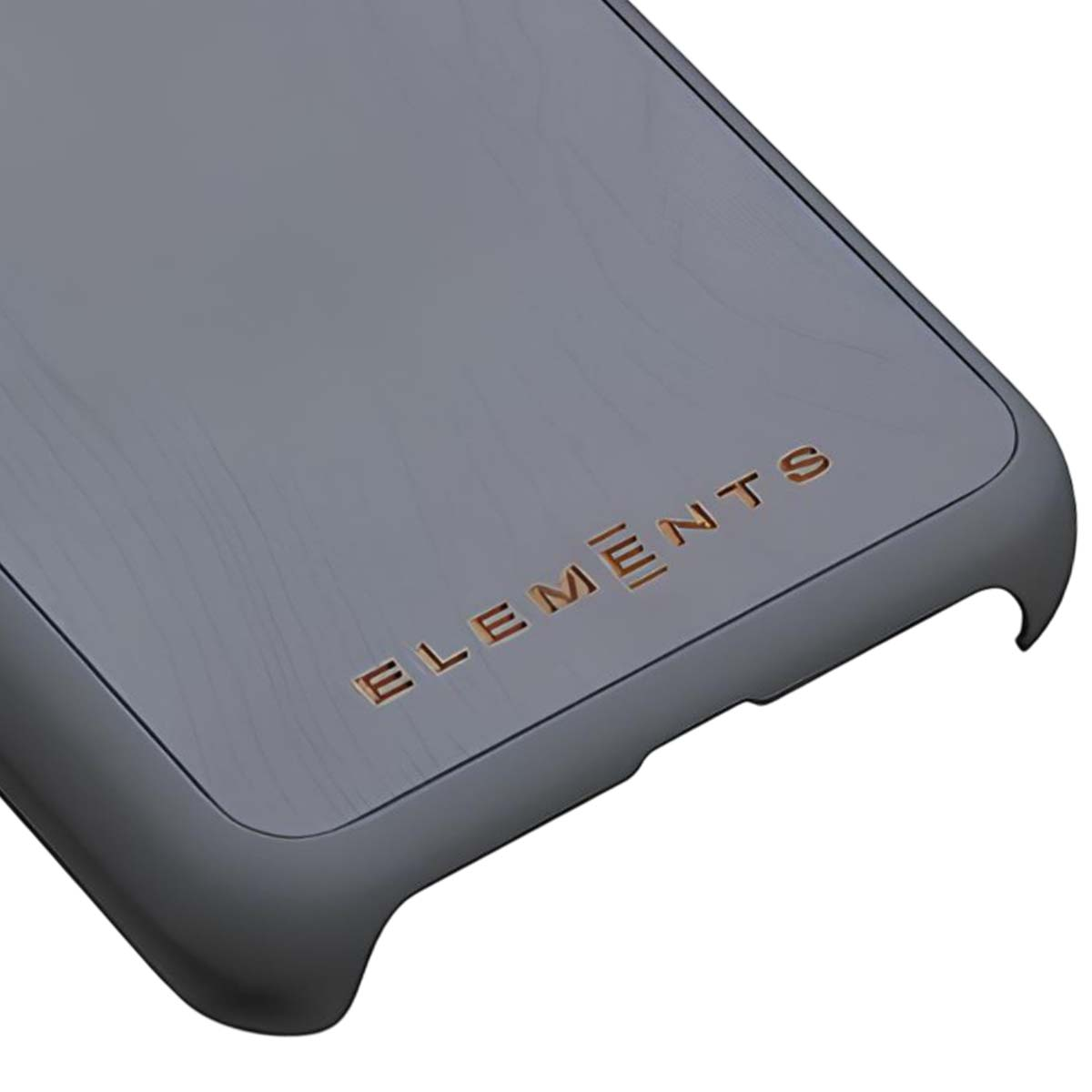 Custodia grigia per telefono con venature del legno e logo dorato "ELEMENTS".