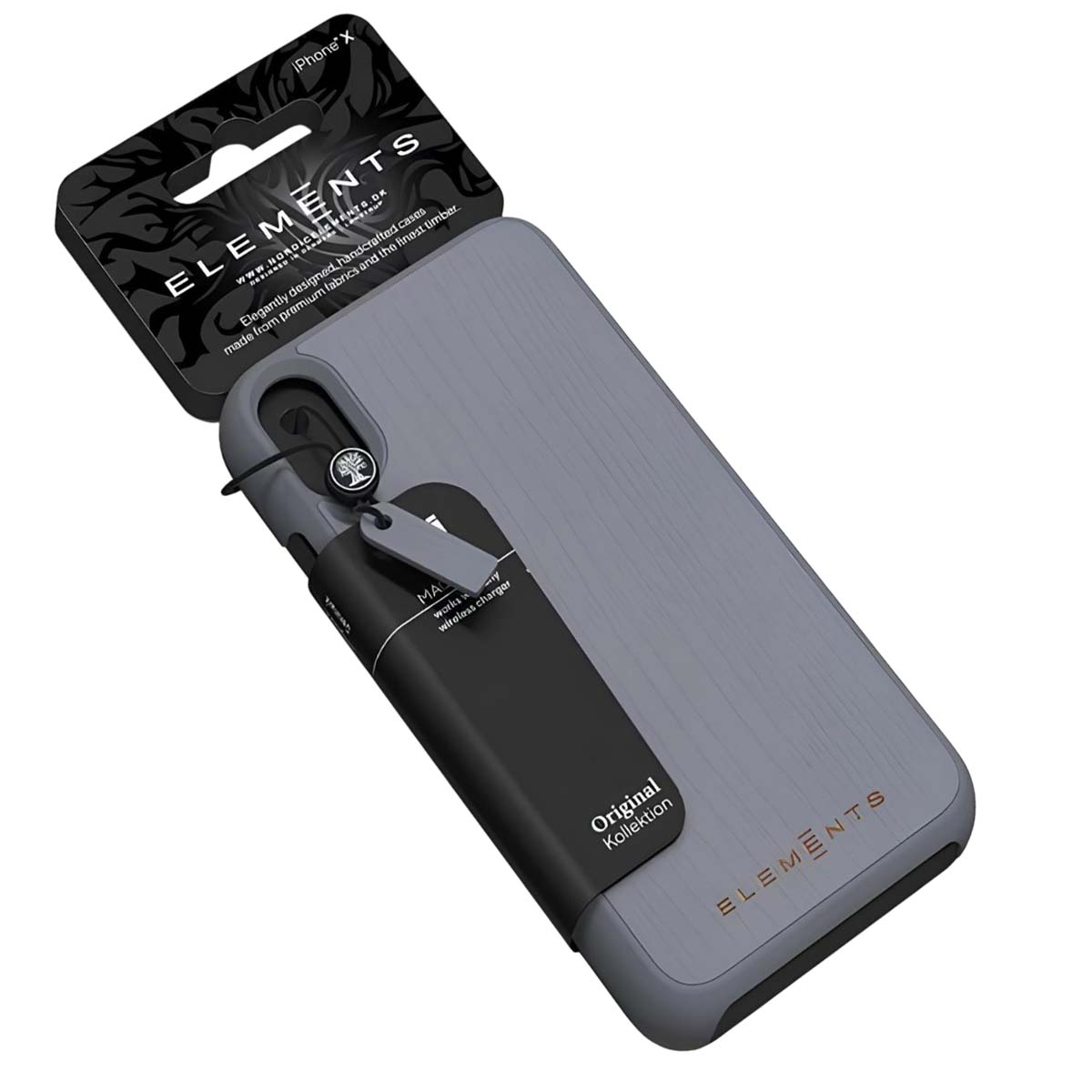 Custodia grigia iPhone X con venature di legno e caricabatterie nero.