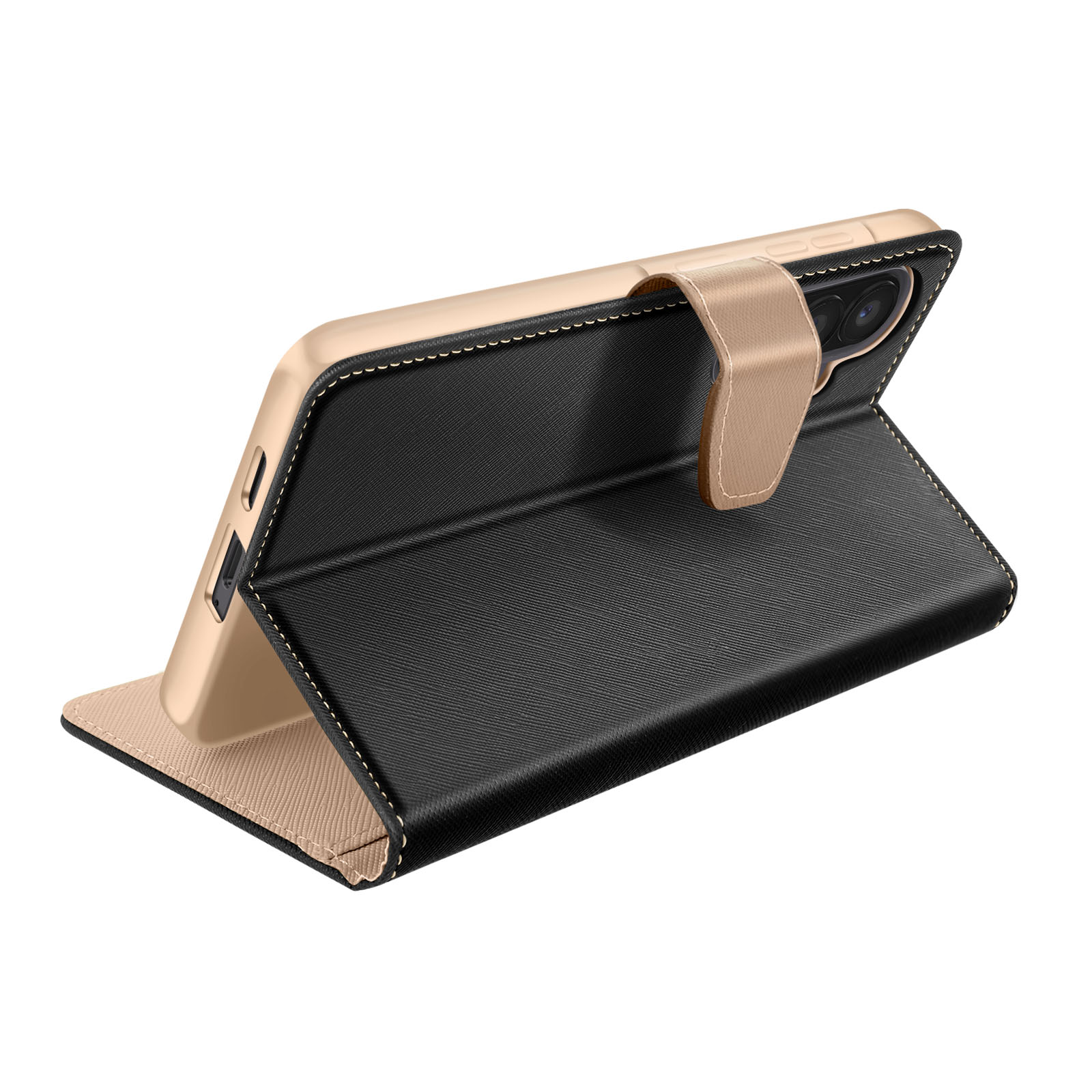 Custodia dorata per telefono con flip nero e cinturino beige.
