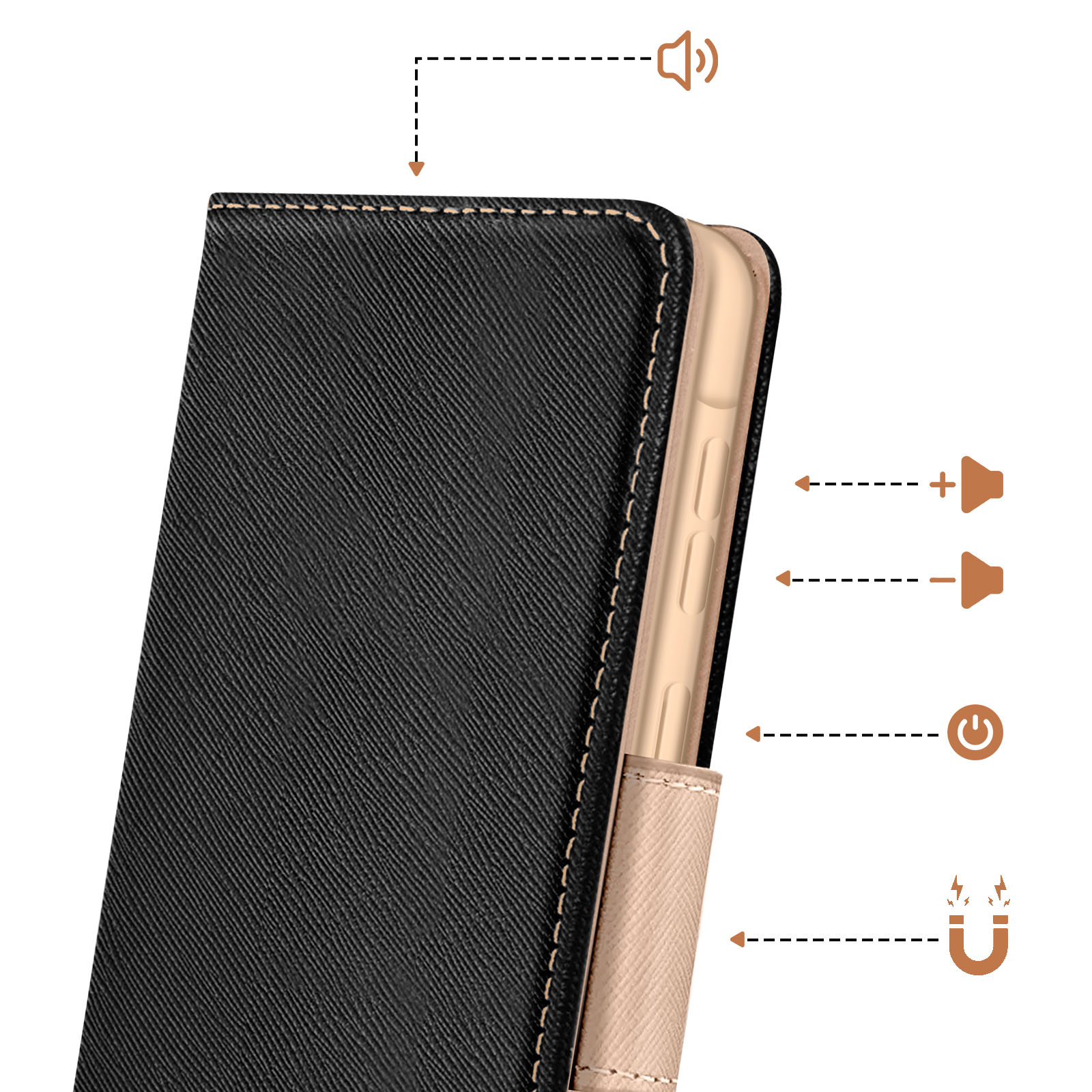 Custodia nera per telefono con icone laterali di volume, accensione e magnete.